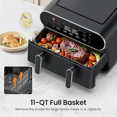 TOPZEE 11-QT Large Air Fryer - 8 in 1 XL Airfryer with Flex Basket, Divider for Dual Cooking, Preheat, Air Fry, Roast, Broil, Bake, Reheat, Dehydrate, French Fries, Dishwasher Safe, Black - Image 2