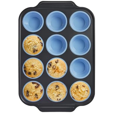 Silicone Muffin Pans for Baking with Metal Frame, Egg Bite Molds, Cupcake Pans 12 Regular Size, Muffin Tins Easy to Pop Nonstick Non Toxic Bakeware for Oven,Blue - Image 1