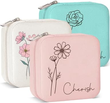 Ships Next Day, Custom Travel Jewelry Box with Name and Birth Flower, Birthday Gifts for Women, Bridesmaid Proposal Gifts Personalized Small Travel Jewelry Case, Customized Gifts for Teen Girls - Image 1