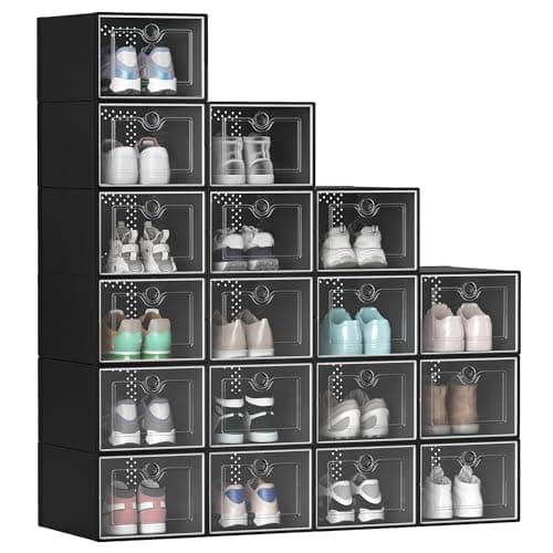 YITAHOME 18 Pack Shoe Storage Box Fit Up to US Size 13, Stackable Shoe Organizers, Plastic Shoe Containers Sneaker Drawers (Medium, Black) - Image 1