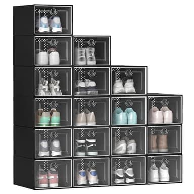 YITAHOME 18 Pack Shoe Storage Box Fit Up to US Size 13, Stackable Shoe Organizers, Plastic Shoe Containers Sneaker Drawers (Medium, Black) - Image 1