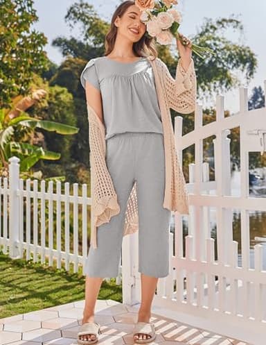 Ekouaer Capri Cotton Pajama Sets Short Sleeve Pleated Top and Pants 2 Piece Pjs Sleepwear with Pockets for Women Light Gray XL - Image 4