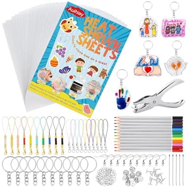 Auihiay 198 Pieces Shrink Plastic Kit Includes 20 Sheets Shrink Papers, Hole Punch, Keychain Accessories and Pencils for Shrinky Art and DIY Keychain Making Easter Mother Day Ornament - Image 1