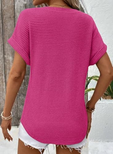 Dokotoo Spring Tops for Women Trendy V Neck Waffle Knit Tshirts Shirts for Women 2025 Fashion Summer Blouses Dressy Casual Cute Tops Womens Cruise Outfits Clothes Clothing - Image 4
