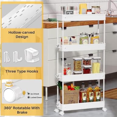 SPACEKEEPER Slim Rolling Storage Cart 4 Tier Bathroom Organizer Mobile Shelving Unit Utility Cart Tower Rack for Kitchen Laundry Narrow Places, White - Image 4