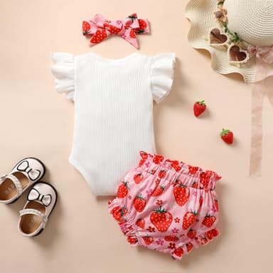 Tiny Cutey Baby Girl Clothes Infant Summer Outfits Set Ruffle Sleeve Romper and Floral Shorts with Headband (Strawberry romper shorts set,0-3 Months) - Image 2