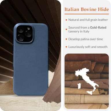 LONLI Edition | Italian Leather - for iPhone 16 Pro - Premium Italian Full Grain Leather Phone Case - Develop Unique Patina - Azure Blue - Image 3