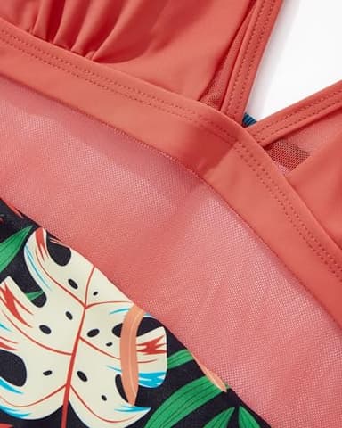 SUUKSESS Women Slimming Tummy Control One Piece Swimsuits Sexy Mesh High Waisted Monokini Bathing Suits (Coral Pink Leaf, L) - Image 5