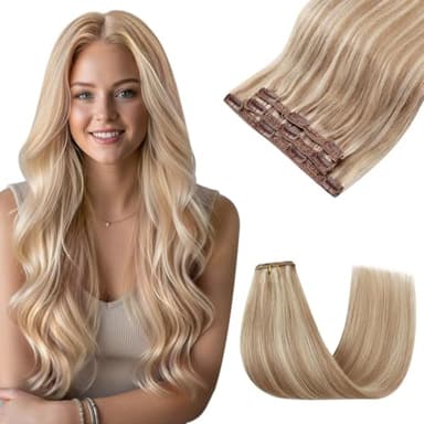 Sunny Hair Clip in Hair Extensions Straight Human Hair Clip in Extensions Remy Clip in Hair Extensions Real Human Hair Extensions Clip ins Light Brown Highlights Blonde 16inch #10/60 - Image 1