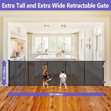 42 Inch Extra Tall Baby Gate 120 Inch Extra Wide Retractable Baby Gates for Large Openings, Upgraded Retractable Gate Keeps Pets from Getting Under Tall Pet Gate, Indoor/Outdoor Long Dog Gate - Image 2