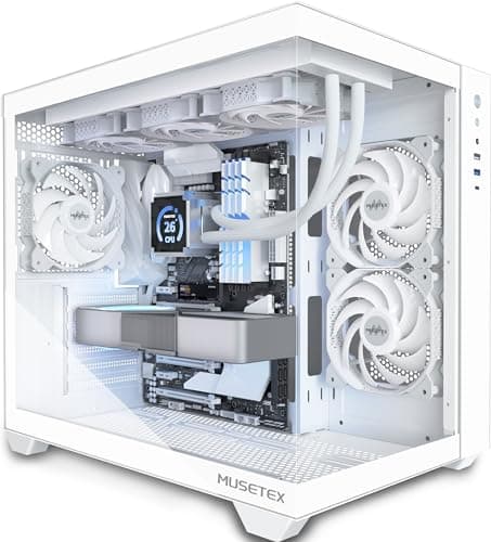 MUSETEX ATX PC Case, 360MM RAD Support, 3 x 120mm Non-ARGB Fans Pre-Installed, 270° Full View Tempered Glass Gaming PC Case with Type-C, Mid Tower ATX Computer Case, White, Y6 - Image 1