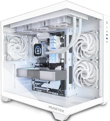 MUSETEX ATX PC Case, 360MM RAD Support, 3 x 120mm Non-ARGB Fans Pre-Installed, 270° Full View Tempered Glass Gaming PC Case with Type-C, Mid Tower ATX Computer Case, White, Y6 - Image 1