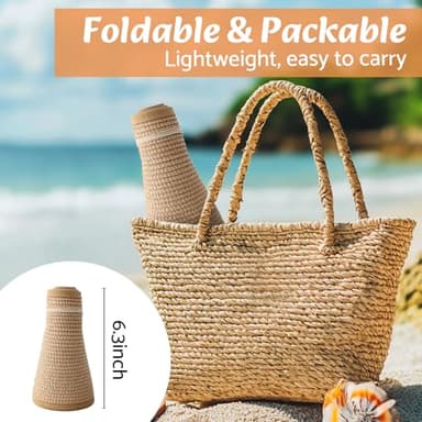 NPQQUAN Sun Visor Hats for Women Wide Brim Ponytail Straw Beach Hat Packable Foldable UPF 50+ Floppy Travel Hats Khaki - Image 5