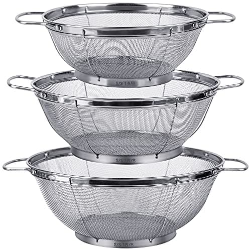 3 Pack 18/8 Stainless Steel Colander Sieves(5-Quart, 4-Quart and 3-Quart), Mesh Strainer Net Baskets with Handles & Resting Base for Strain, Drain, Rinse or Steam - Image 1