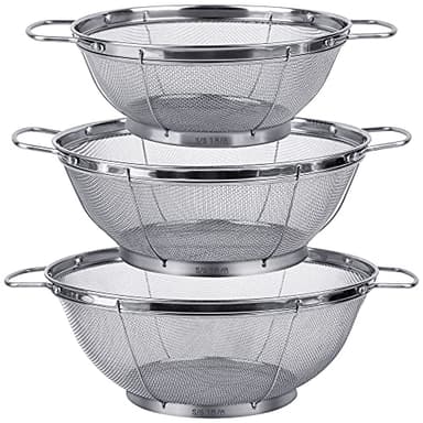 3 Pack 18/8 Stainless Steel Colander Sieves(5-Quart, 4-Quart and 3-Quart), Mesh Strainer Net Baskets with Handles & Resting Base for Strain, Drain, Rinse or Steam - Image 1