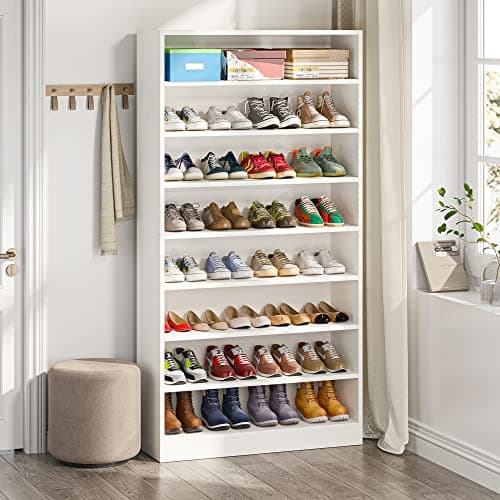 Tribesigns Shoe Cabinet, 9 Tiers 40-45 Pairs Heavy Duty Wood Freestanding Shoe Storage Cabinet, 70.8'' Tall Shoe Cabinet with Open Storage for Entryway, White - Image 1
