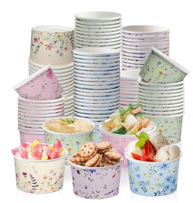 Nihuecne 100 Pcs 9 oz Floral Themed Disposable Dessert Paper Bowls in 5 Designs, Disposable Soup Bowls for Events, Game Day, Birthday Party Supplies, Perfect for Hot or Cold Food - Image 1