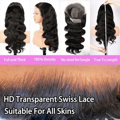 Asidow 30 Inch Body Wave Lace Front Wig - Human Hair Pre Plucked Glueless Brazilian Virgin 200% Density Lace Front Wig - Baby Hair HD Frontal - Natural Black - Image 3