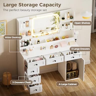 COMHOMA Makeup Vanity Desk with Mirror and Lights, Large Vanity Table with 6 Drawers & 1 Storage Cabinet, White Bedroom Dresser Table for Girls, 3 Color Modes Adjustable Mirror, White - Image 3