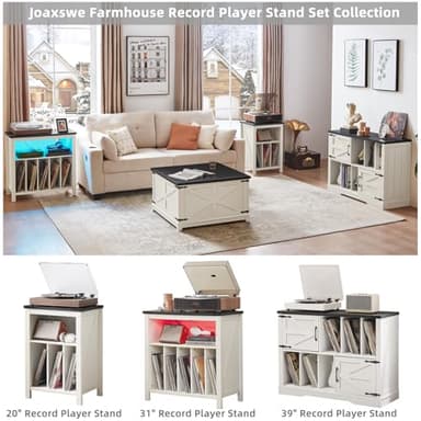 Joaxswe Large Record Player Stand with Vinyl Storage Up to 450 Albums, 39 Inch Farmhouse Rustic Wood White Storage Cabinet with Barn Doors, Vintage Mid-Century Turntable Stand for Bedroom, Living Room - Image 5