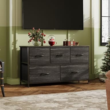 WLIVE Dresser for Bedroom with 5 Drawers, Wide Chest of Drawers, Fabric Dresser, Storage Organizer Unit with Fabric Bins for Closet, Living Room, Hallway, Charcoal Black Wood Grain Print - Image 2
