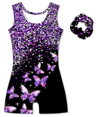 Vogseek 9-10 Years Girls Gymnastics Leotards with Hair Scrunchie Sparkle Dance Unitards Purple Butterfly's Glitter Active Biketards with Shorts for Kid Cute Tumbling Dance Outfit, Black - Image 2