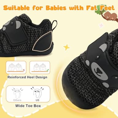 FEETCITY Wide Baby Sneakers Infant Walking Shoes Boys Girls Baby Sneakers Breathable Non-Slip Infant Barefoot Shoes 12-18 Months Black Grey - Image 2