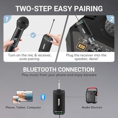 TONOR Rechargeable Wireless Microphones, Metal Bluetooth Handheld Cordless Mic System with Receiver, 2x25 UHF Professional Dynamic Mic for Karaoke, Church, Singing, Wedding, Meeting, DJ, 328ft TW720 - Image 5