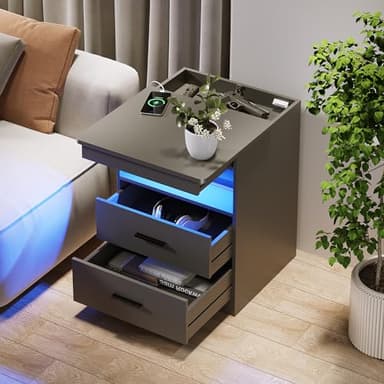 Night Stand Set of 2, Charging Bedside Table with USB & Type-C Port, LED Night Stand with Human Sensor Light, Modern End Table with Gun Drawers for Bedroom Office, Grey - Image 2