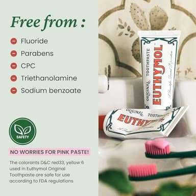 EUTHYMOL Original Pink Toothpaste (3.7fl oz*3, Pack of 3) - Fluoride-Free Toothpaste for Sensitive Teeth & Gum. Bad Breath, Cavity Prevention, 12-Hour Long Lasting Freshness with Wintergreen - Image 6