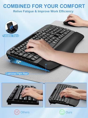 Wireless Keyboard and Mouse Combo, Wave Keys Computer Ergonomic Keyboard with Cushioned Plam Rest, Phone Holder, 2.4GHz Silent 6 Button Wireless Mouse Set for Laptop, PC, Windows, Mac (Black) - Image 5