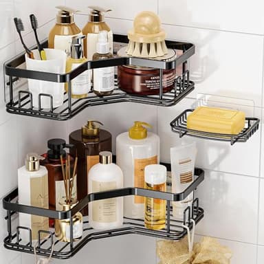 MAXIFFE 3 Pack Corner Shower Caddy with Soap Holder, Large Capacity Sturdy Easy Install No Drilling Stainless Steel Hold 40 LBS Shower Organizer Shelves Rack Storage for Family Renters Bathroom, Black - Image 1