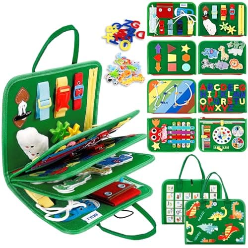 Esjay Toddler Busy Board Montessori Toys, Sensory Board Educational Activities for Learning Fine Motor Skills, Gifts for Girls Boys Toddlers, Travel Toys for Airplane Car,Green Dinosaur - Image 1