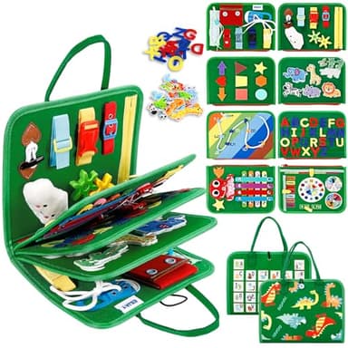 Esjay Toddler Busy Board Montessori Toys, Sensory Board Educational Activities for Learning Fine Motor Skills, Gifts for Girls Boys Toddlers, Travel Toys for Airplane Car,Green Dinosaur - Image 1