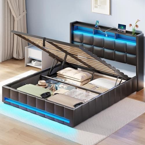 Rolanstar Bed Frame Full Size with Lift Up Storage, Charging Station & LED Lights, Upholstered Storage Headboard, Heavy Duty Wooden Slats, No Box Spring Needed, Noise Free, Easy Assembly, Black - Image 1