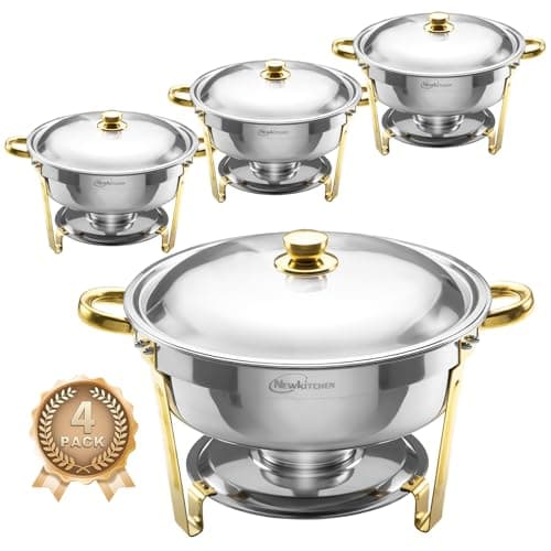Chafing Dishes for Buffet 4 Pack, 6QT Round Chafing Dishes for Buffet [Elegant Gold and Silver Colors] Stainless Steel Chafing Dish Buffet Set for Any Party - Image 1
