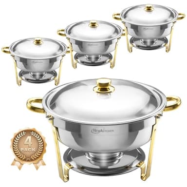 Chafing Dishes for Buffet 4 Pack, 6QT Round Chafing Dishes for Buffet [Elegant Gold and Silver Colors] Stainless Steel Chafing Dish Buffet Set for Any Party - Image 1