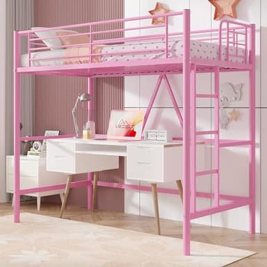 VECELO Loft Bed Twin Size, Metal Bedframe with Removable Ladder and Safety Guardrail, No Box Spring Needed, Space Saving, Noise Free, Pink - Image 1