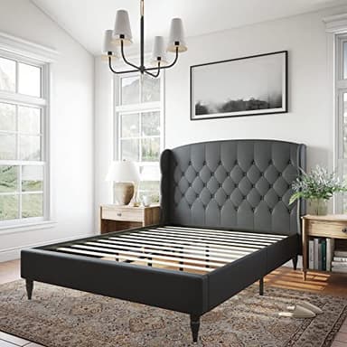 Decoro Coventry Upholstered Platform Bed | Headboard and Metal Frame with Wood Slat Support | Grey, Queen Size - Image 3
