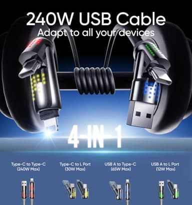 MAGIC JOHN 240W 4 in 1 USB C Cable, USB Charging Cable with Breathing Light, Fast Charging & Data Sync Silicone Multi Charging Cable for iPhone iPad Samsung Laptop Multi Device Charging, 4FT (Black) - Image 2