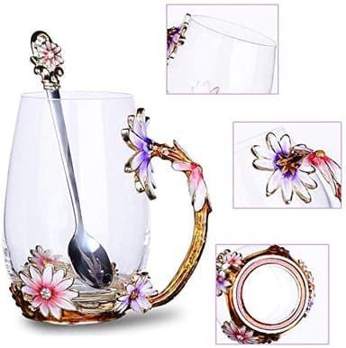 Luka Tech Enamel flower Lead-free Glass Coffee Mugs Tea Cup with Steel Spoon, Best Birthday Gifts For Women Wife Mom Friends Mothers Valentines Day Christmas - Image 4