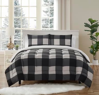 7 Piece Comforter Set Bag Solid Color All Season Soft Down Alternative Blanket & Luxurious Microfiber Bed Sheets, Full, Buffalo Plaid Black/Gray - Image 1