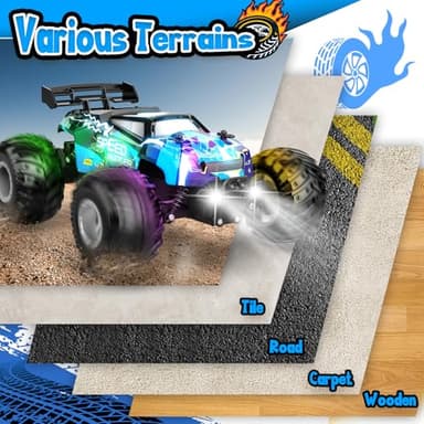 AONEPTR Remote Control Car, All Terrain Remote Control Truck for Boy, 2.4GHz Rc Car with Bodylight and Two Rechargeable Batteries, 20KM/H Monster Truck Toys - Image 2