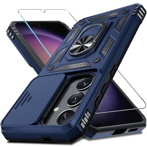 Janmitta Compatible with Samsung Galaxy S25 Plus/S24 Plus Case Built in Slide Camera Lens Cover+Screen Protector+Finger Ring Holder Kickstand,Heavy Duty Shockproof Full Body Phone Cover,Blue - Image 1