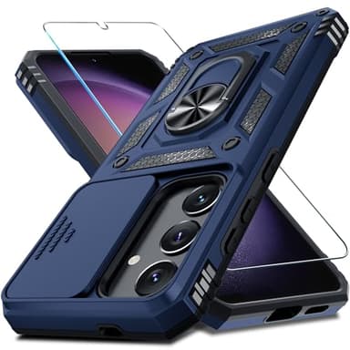 Janmitta Compatible with Samsung Galaxy S25 Plus/S24 Plus Case Built in Slide Camera Lens Cover+Screen Protector+Finger Ring Holder Kickstand,Heavy Duty Shockproof Full Body Phone Cover,Blue - Image 1