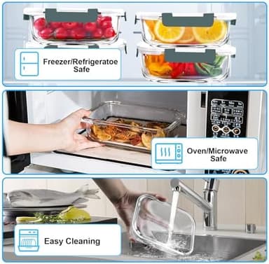 VERONES 5 Pack 36 OZ Glass Meal Prep Containers, Airtight Glass Lunch Containers Set, Glass Food Storage Containers with Lids,Exclusive of BPA, for Microwave, Oven, Freezer & Dishwasher Friendly,Grey - Image 3