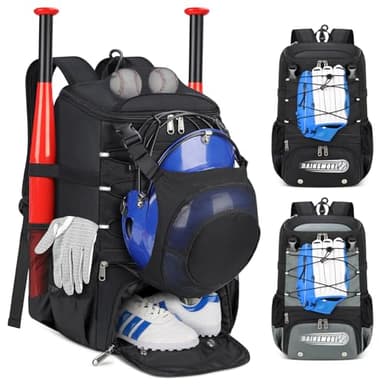 Baseball Bag for Youth & Adult Lightweight Softball Bat Bag with Shoe Compartment, External Helmet Holder and Fence Hook Waterproof Baseball Backpack Hold T-Ball, Bat and Softball Equipment, Black - Image 1