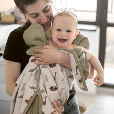 lulumoon Muslin Baby Blanket - Cotton Quilt Blankets for Toddlers - Reversible Nursery Crib Blanket for Baby Boys and Girls 47"x47"(Olive Dinosaur) - Image 4