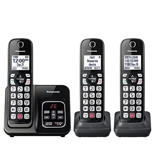 Panasonic Cordless Phone with Answering Machine, Advanced Call Block, Bilingual Caller ID and Easy to Read High-Contrast Display, Expandable System with 3 Handsets - KX-TGD833M (Metallic Black) - Image 1