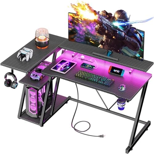47 Inch Gaming Desk with Power Outlet & LED Lights, Corner Computer Desk with 3 Tiers Storage Shelves, Home Office Desk with Monitor Stand for Small Space, Carbon Fiber Black - Image 1
